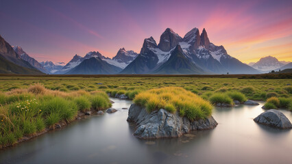 A natural view with a river and high mountains as a background during twilight. AI generated.