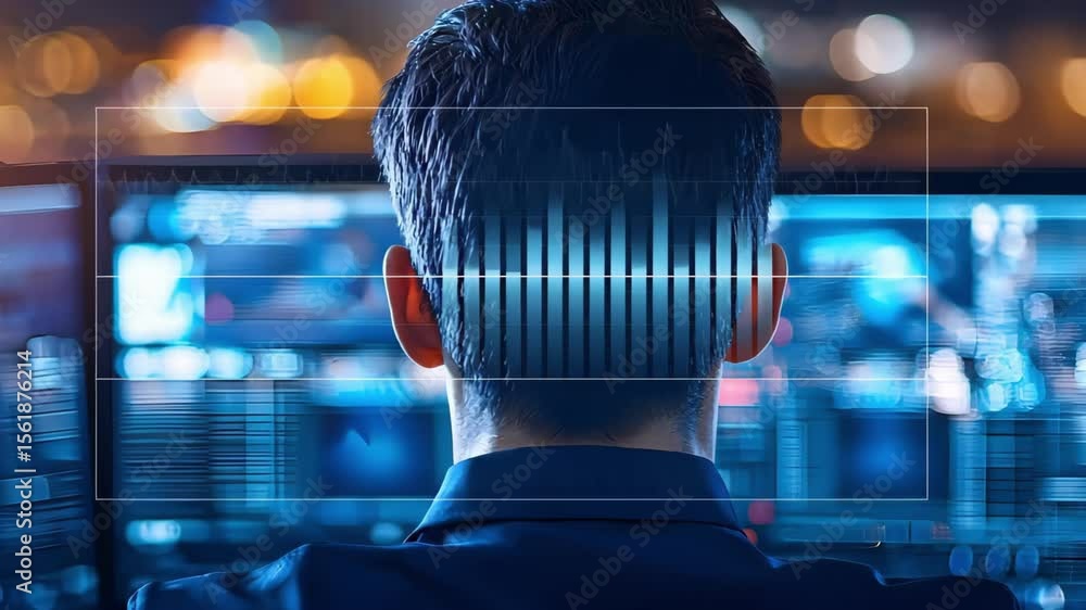 Aufkleber a person sitting in front of multiple screens, likely monitoring data or surveillance in a tech-focu