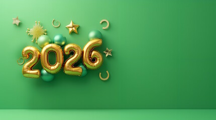 2026 Golden Balloon  on green Background