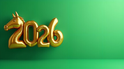 2026 with Golden Horse Balloon on green Background