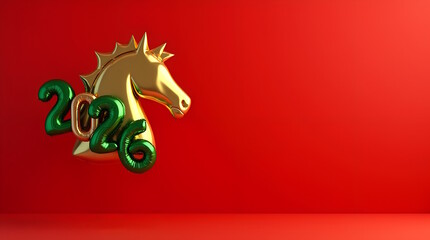 2026 with Golden Horse Balloon on Red Background