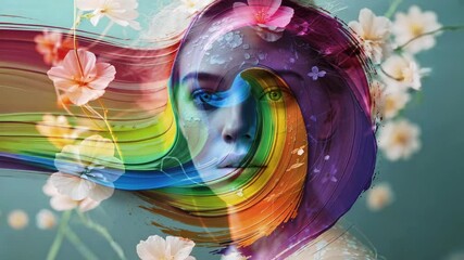 Entering rainbow brushstroke from left sweeping around portrait woman in studio with white blossoms - Powered by Adobe