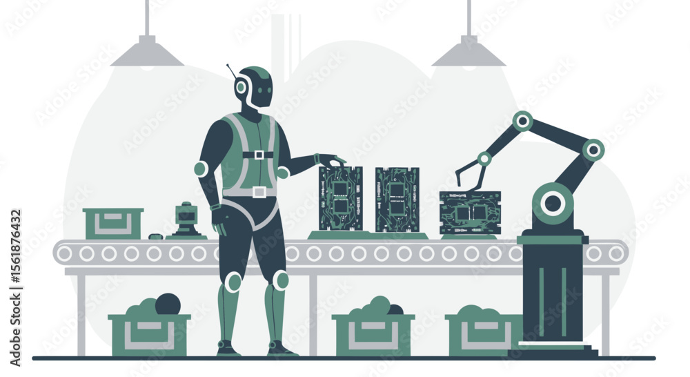 Poster modern factory illustration featuring automation with robot and robotic arm