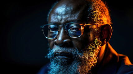 Elderly African American man with glasses, showcasing a thoughtful expression, illuminated by dramatic lighting, emphasizing facial features and textures in a captivating portrait