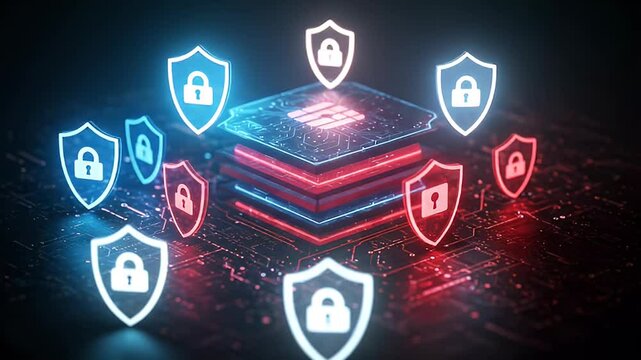 Digital Data Security Concept Featuring Glowing Server With Protective Shields and Locks in a Cybernetic Network On a Dark Background