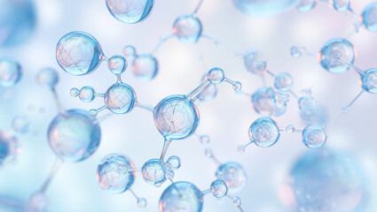 Collagen or retinol or ceramide molecule cosmetic moisturizing ingredient banner. Molecular structure swatch. Bubbles, moisturizer, liquid essence, serum or toner, beauty and cosmetics blue background