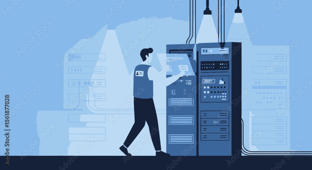 Poster network technician overseeing data servers in a modern data center or server room