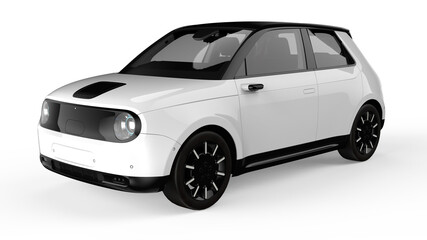 3D White Compact Electric Car - Futuristic EV Hatchback Isolated on White Background