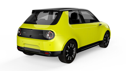 3D Yellow Compact Electric Car - Futuristic EV Hatchback Isolated on White Background
