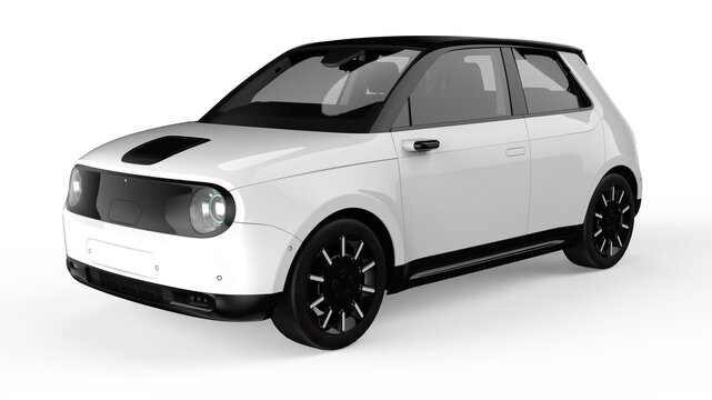 3D White Compact Electric Car - Futuristic EV Hatchback Isolated on White Background