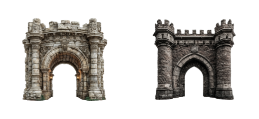 Historical stone gateways architectural marvels ancient ruins outdoor setting wide-angle cut out set png