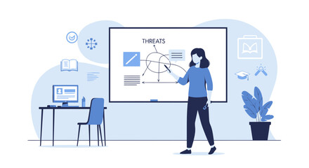 Fototapeta premium Businesswoman Explaining Threats Analysis On Whiteboard Presentation In The Office