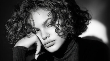 A striking black and white portrait of a thoughtful young woman with curly hair, bathed in dramatic light.
