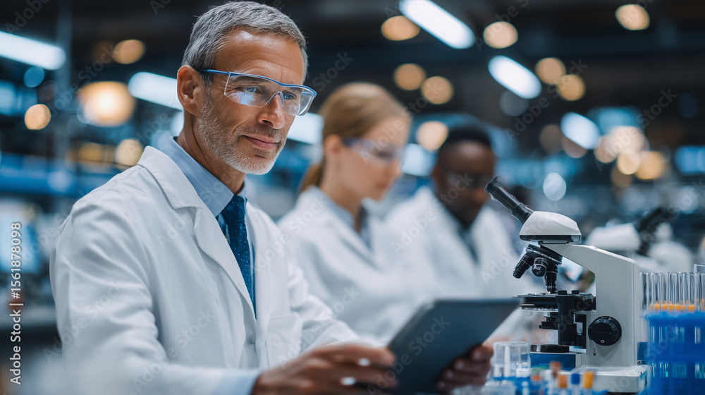 Aufkleber group of diverse scientists in white lab coats collaborate in a bright, high-tech laboratory, peerin