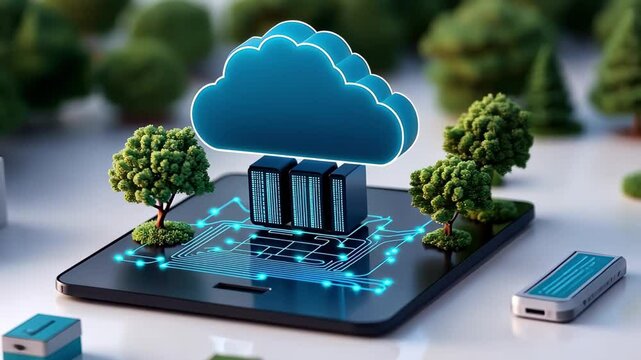 A digital representation of cloud computing with servers, trees, and a circuit pattern on a smartphone.