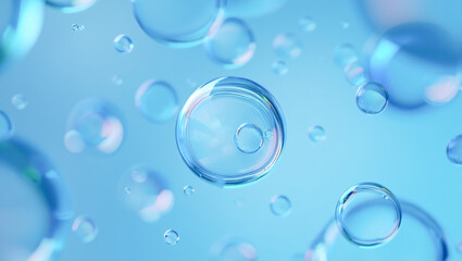 Collagen or retinol or ceramide molecule cosmetic moisturizing ingredient banner. Molecular structure swatch. Bubbles, moisturizer, liquid essence, serum or toner, beauty and cosmetics blue background