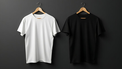 Blank White and Black T-Shirts Hanging on Wooden Hangers - Apparel Mockup