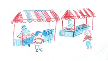 Illustrated scene of a market with vendors and customers in red and blue hues