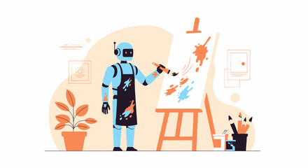 Creative Robot Painter At Work Producing Modern Art On A Canvas With An Easel