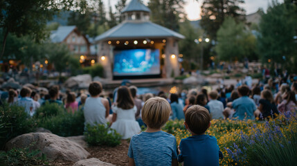 Community movie screening in city park, diverse audience seen from behind, children and adults watching intently, illuminated by bright movie projector light, leafy trees framing t