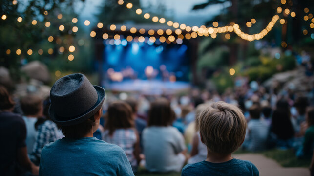 Community movie screening in city park, diverse audience seen from behind, children and adults watching intently, illuminated by bright movie projector light, leafy trees framing t