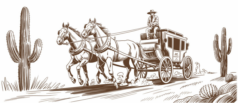 Vintage horse drawn stagecoach in desert landscape illustration, one man, travel, transport