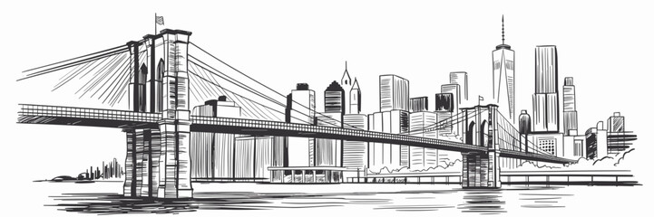 New York City skyline drawing with Brooklyn Bridge sketch in USA, cityscape view