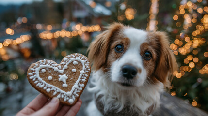 Close-up of a dogâs soulful eyes fixed on a heart-shaped gingerbread cookie in ownerâs hand, delicate icing details visible, blurred background of holiday lights creating a warm, a