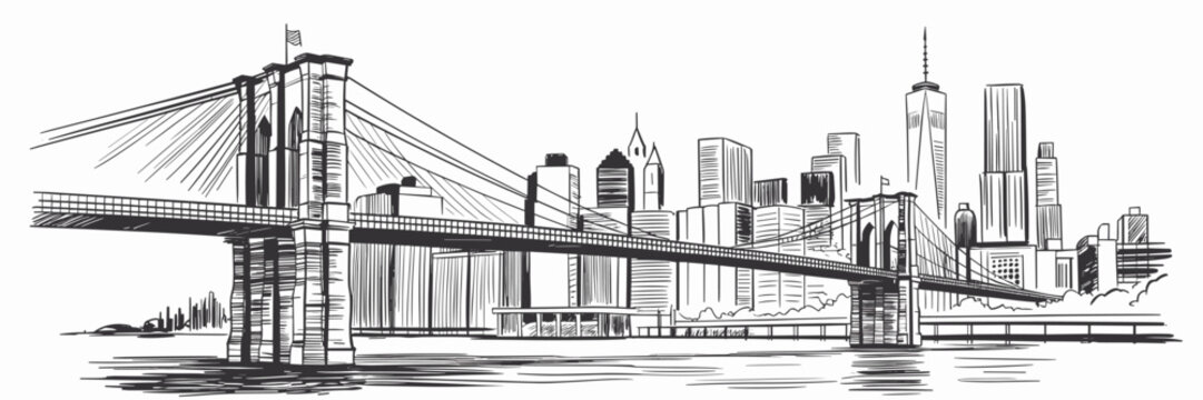 New York City skyline drawing with Brooklyn Bridge sketch in USA, cityscape view