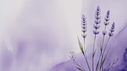 Watercolor lavender sprigs on purple empty space, soft floral art for design use.