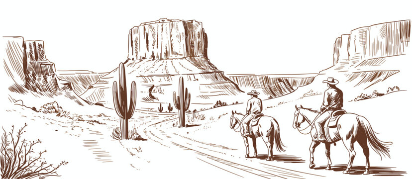 Two cowboys on horses in desert landscape sketch illustration. Travel adventure concept