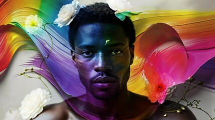 Starting rainbow arc animating shirtless model wearing visor and crown revealing petals in studio - Powered by Adobe