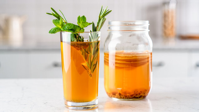 Homemade fermented kombucha tea in a glass jar on a white kitchen background. Glass of Healthy homemade fermented raw kombucha tea, with natural probiotic characteristics. Rosemary and mint flavored