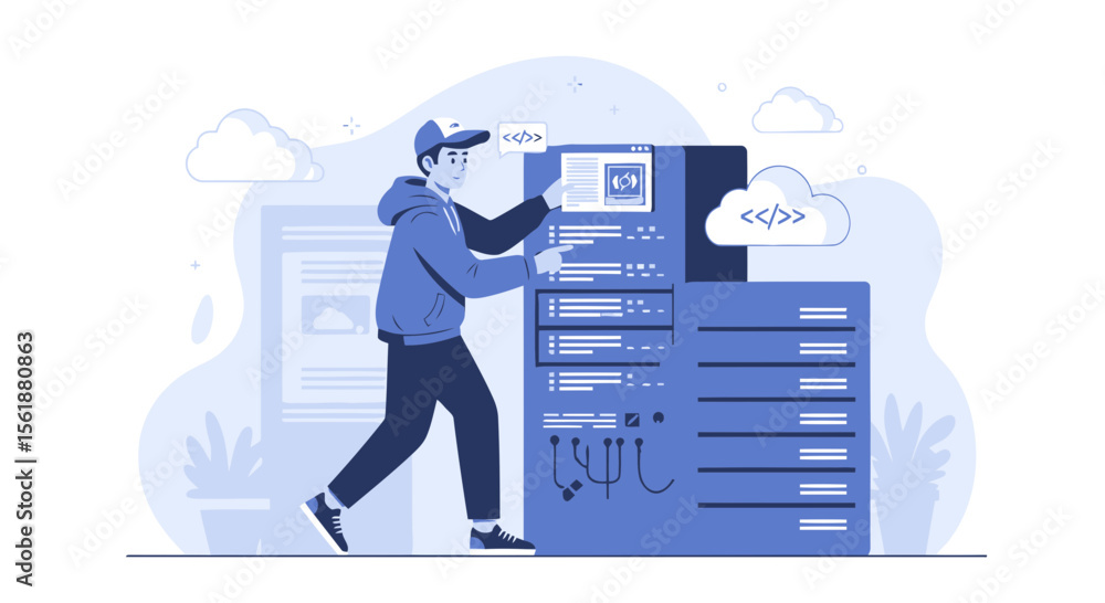 Poster system administrator working with cloud server and cybersecurity technology