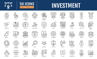 Investment Line Icon Set. Includes Economy,
Financial Gain, Interest Investor, Mutual Fund,
Asset, Risk Management, and More. Vector
Illustration with Editable Strokes