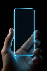 Transparent Glass Smartphone with Cool Blue Neon Glow