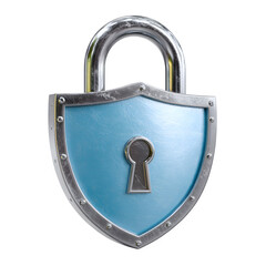 A detailed 3d render of a metallic padlock with a blue shield shaped face isolated on transparent background