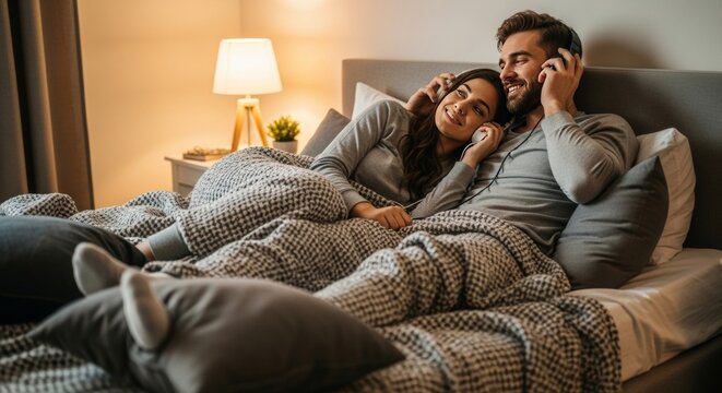 Romantic Couple Listening to Music in Bed, Cozy Night In