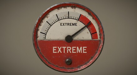 Extreme Meter: A close-up shot of an old gauge with a needle pointing towards the "EXTREME" level, signifying a high degree of measurement. The gauge is worn and shows signs of age.