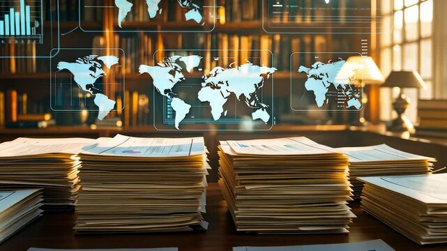 Stacks of Paper Documents on Wooden Desk in Library with Digital World Maps and Data Graphics Overlay in Warm Lighting


