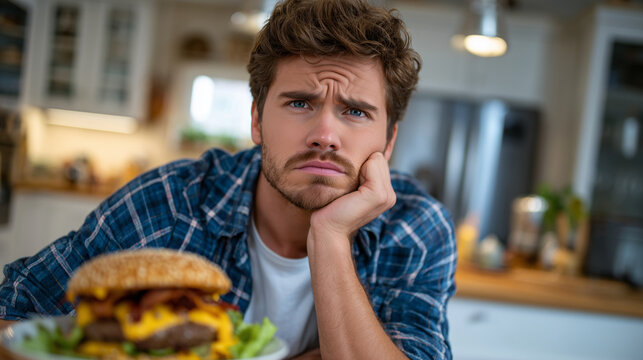 Frustrated man resisting temptation, sitting before a mouthwatering hamburger layered with cheese, bacon, and lettuce, vibrant food colors contrasting with his serious expression i