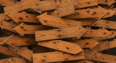 Wooden Arrow Puzzle: A collection of intricately carved wooden arrows, each pointing in a different direction, intertwined in a captivating display of choices and pathways, symbolizing decisions.