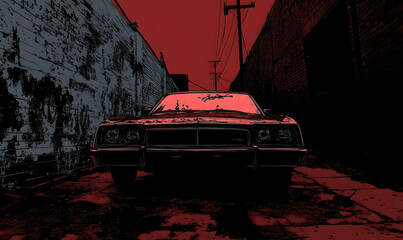 A car is darkly parked in an alley, the sky a vivid red above the shadows of buildings