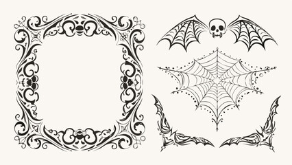 Ornate frame with halloween elements including a bat skull and spiderweb design vector