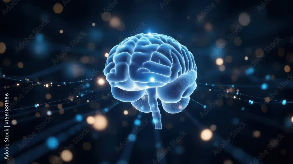 Poster glowing digital brain floating dark space with abstract neural network connections, surrounded by li