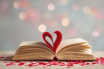 An open book with pages curved to form a heart shape, with soft lights in the background