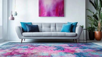 Modern living room interior with vibrant pink artwork, gray sofa with blue cushions, colorful abstract rug, and elegant home decor elements creating a stylish and inviting space