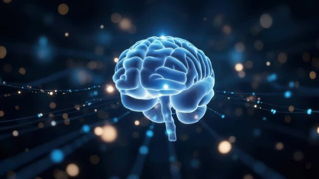 Glowing digital brain floating dark space with abstract neural network connections, surrounded by light particles, symbolizing artificial intelligence, futuristic technology, innovation - Powered by Adobe