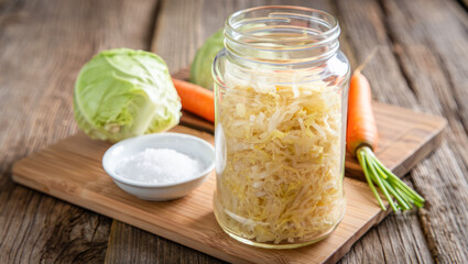 Fermented foods. Homemade fermented sauerkraut in a glass jar, surrounded by fresh cabbage, ginger, herbs, and spices, showcasing traditional food preservation technique. probiotic rich nutrition
