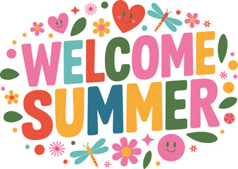Welcome summer vector design with flowers and dragonflies for seasonal cards